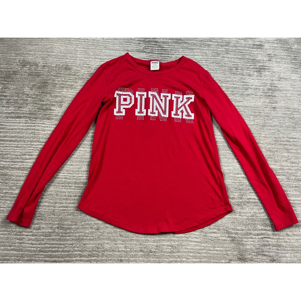 PINK Victoria's Secret T-Shirt Womens Medium Red Logo Rhinestone Long Sleeve Top